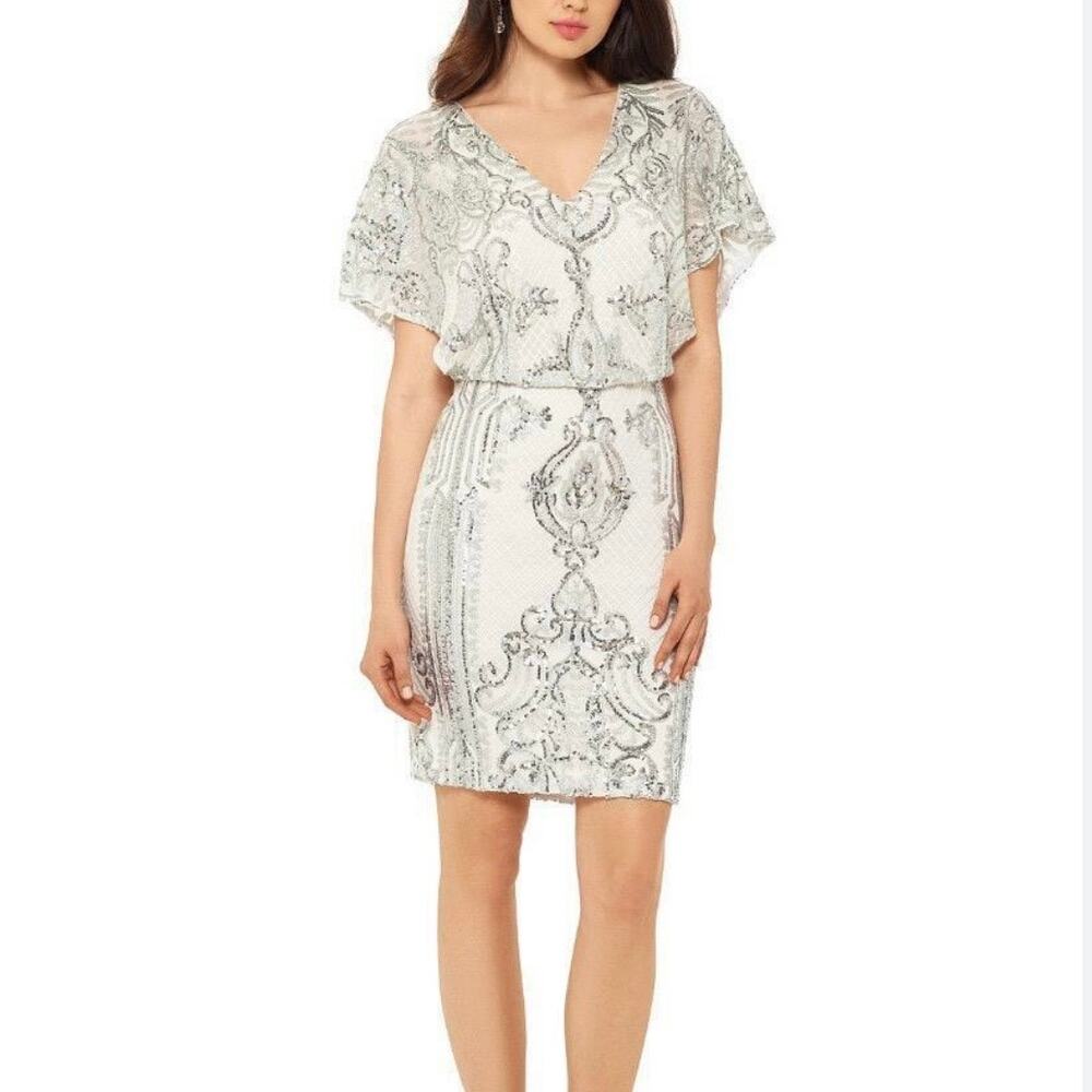 Betsy & Adam Silver Sequin Blouson Dress Women’s 4 Gatsby Cocktail Gown
